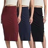 Real Essentials 3 Pack: Women's Midi Ribbed Knit Skirt with Side Slit - Stretchy Work Business Casual Pencil Pull-On Skirts