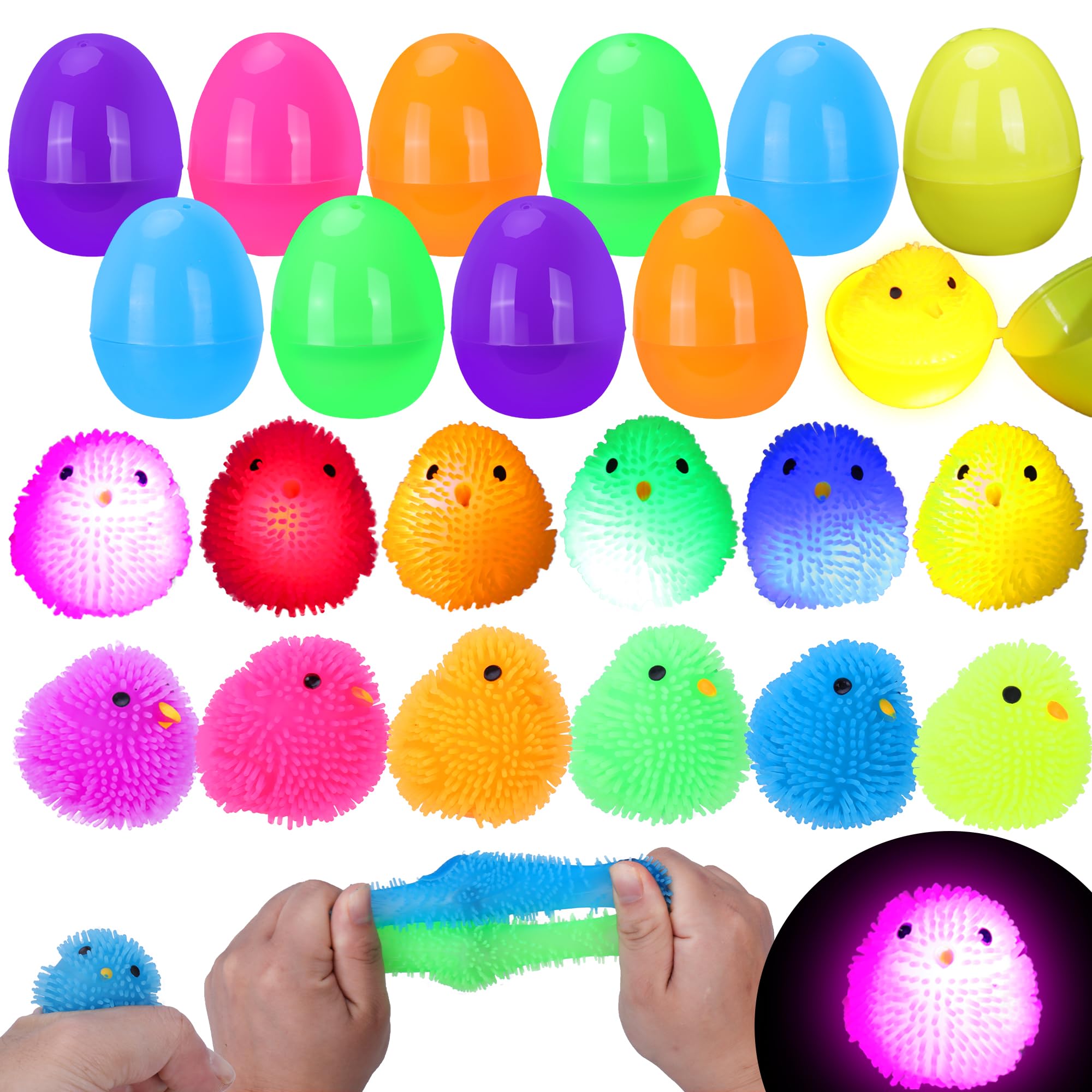 24 Pack Prefilled Easter Eggs with Toys, Chick Puffer Balls, Sensory Squeeze Fidget Toys, Easter Basket Stuffers, Easter Egg Fillers for Kids, Egg Hunt Party Favors, Classroom Rewards