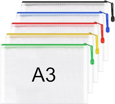 Umriox A3 Document Folder 5pcs Zipper Mesh File Bags Waterproof 0.33mm