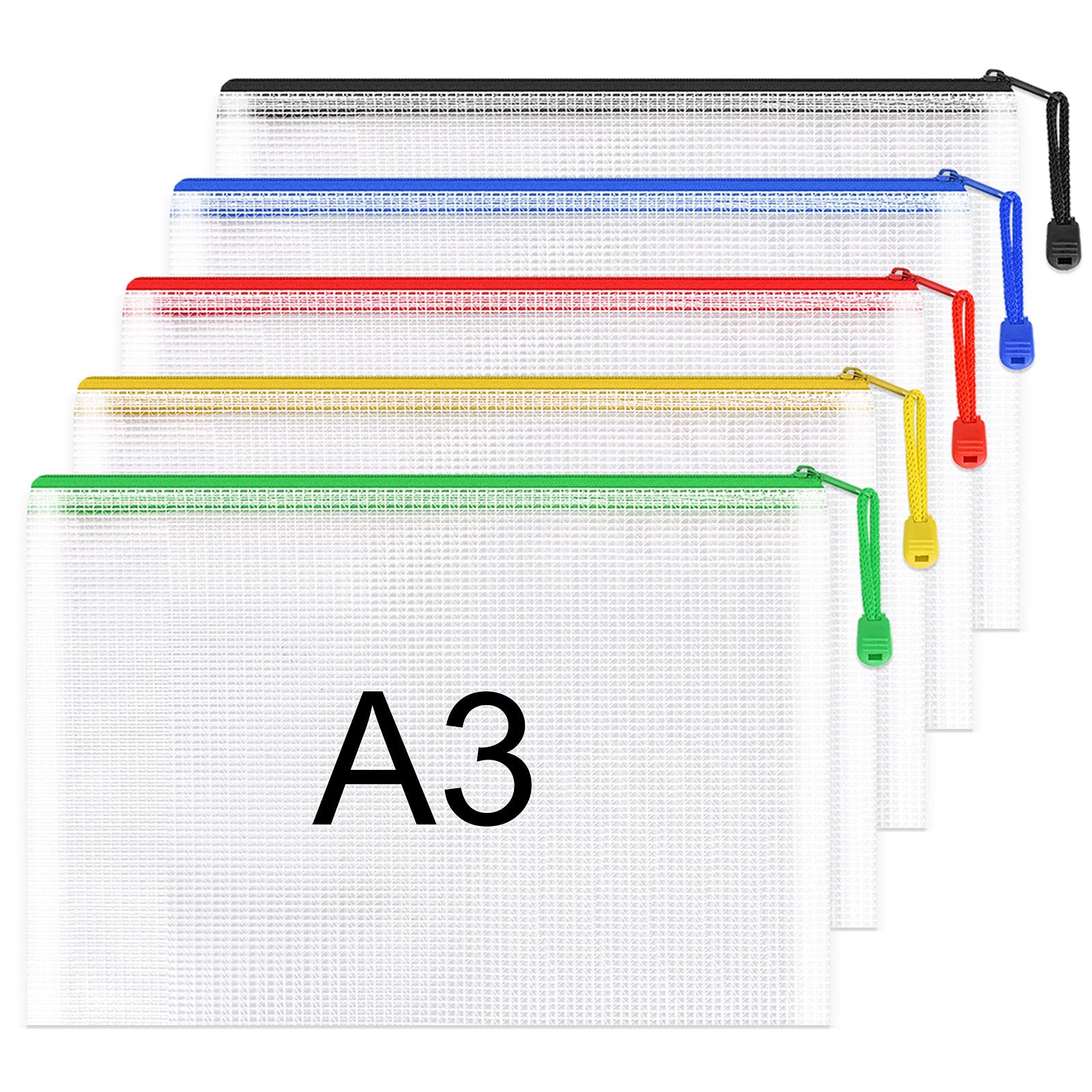 Umriox A3 Document Folder Extra Thick Zipper File Bags Mesh Zip Lock Document Wallets Folder Travel Storage Pouch for Office Supplies and Travel Accessories, Waterproof, 5PCS
