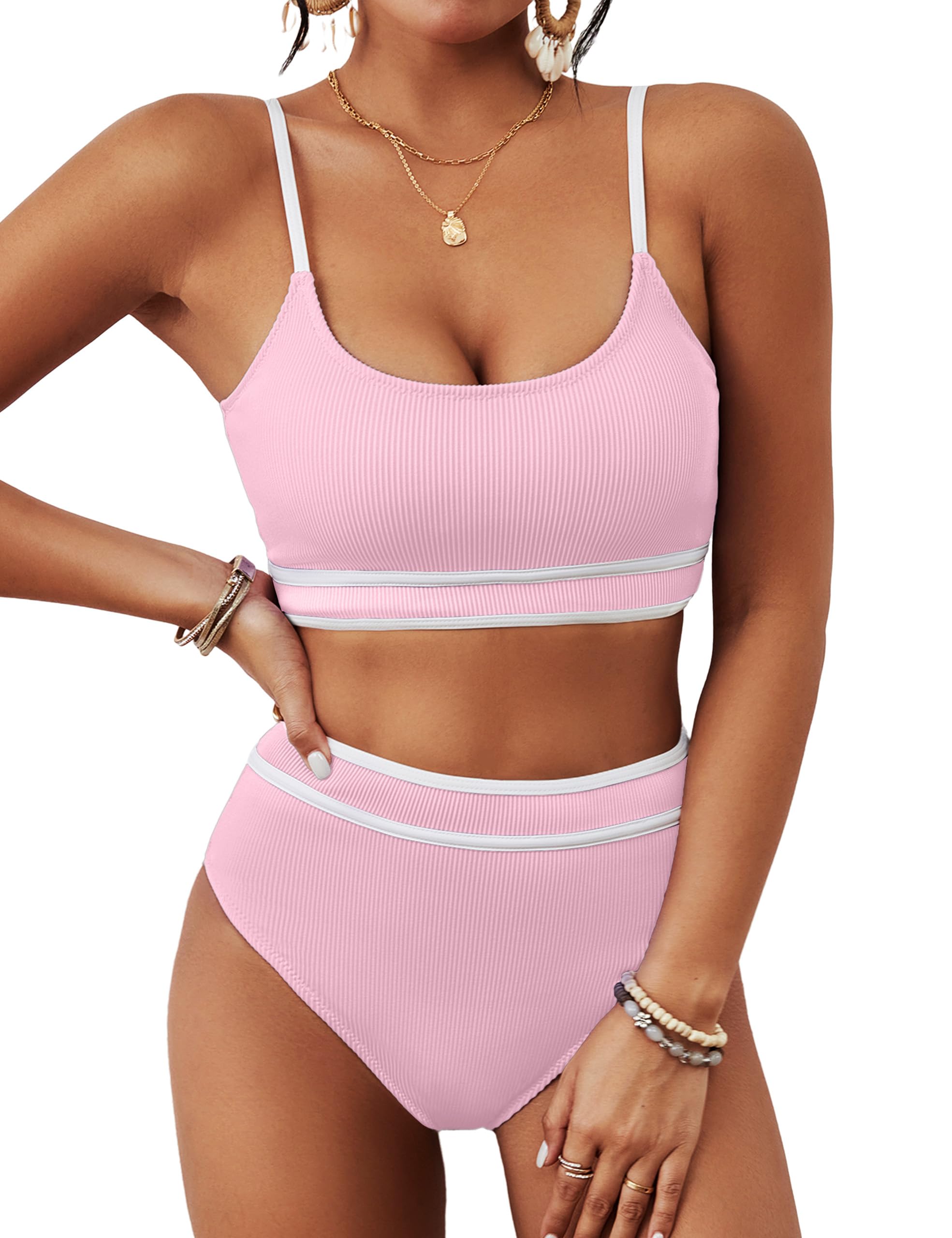 Photo 1 of BMJL Women's High Waisted Bikini Ribbed Two Piece Swimsuit High Cut Color Block Adjustable Straps Bathing Suit(S,Pink)