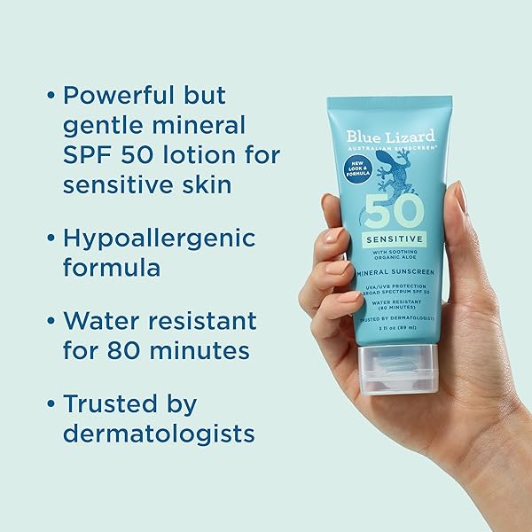 BLUE LIZARD SENSITIVE MINERAL SUNSCREEN WITH ZINC OXIDE, SPF 50+, WATER RESISTANT, UVA/UVB PROTECTION WITH SMART CAP TECHNOLOGY – FRAGRANCE FREE, 3 OZ. TUBE