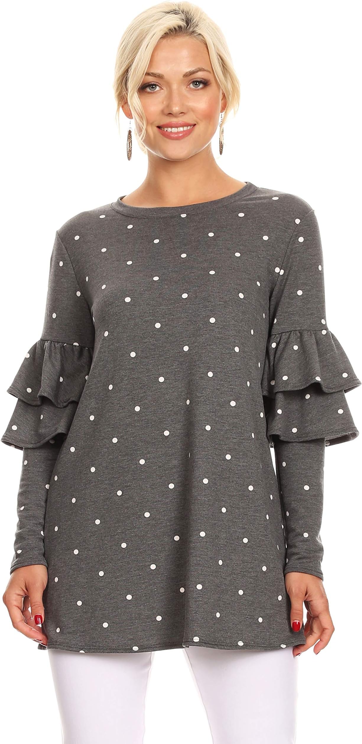 Long Sleeve Tunic Tops for Women Regular and Plus Size with Ruffle Sleeve - Made in USA