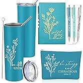 Funnymoom 6 Pcs Christian Gift Set for Women Graduation Inspirational Religious Gift 20oz Tumbler Makeup Bag A6 Leather Journal Ballpoint Pens for Coworkers Staff Team Church Teacher Female(Lake Blue)