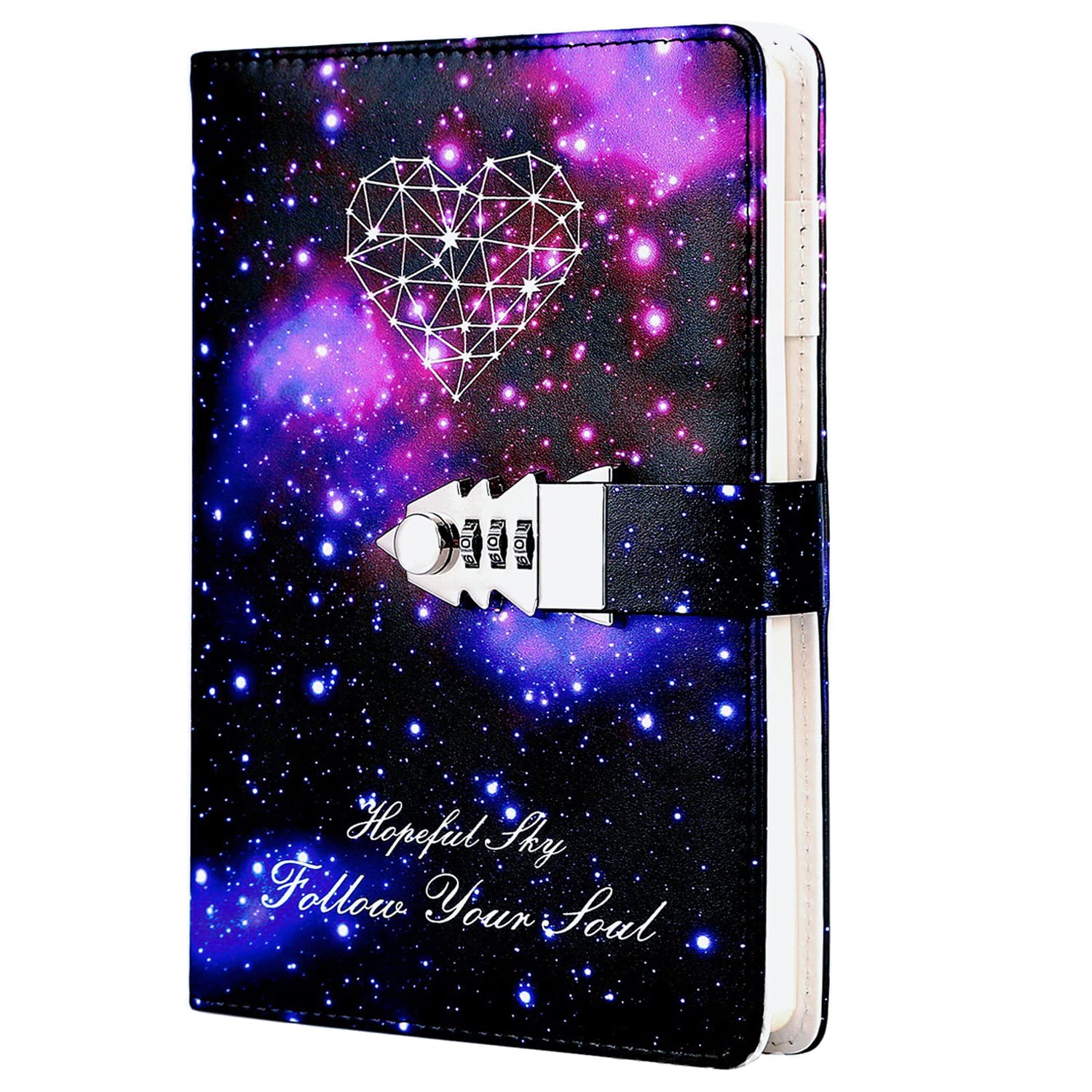 LinYesh PU Leather Password Notebook Writing Notebook Travel Journal with Combination Lock, Galaxy Starry Sky Design Lockable Diary, 215 * 150mm