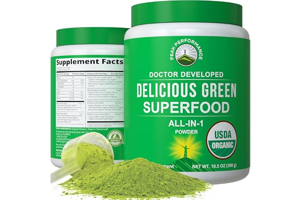 Peak Performance Organic Greens Superfood Powder. Best Tasting Super Greens Powder with 25+ Organic Ingredients for Max Energ
