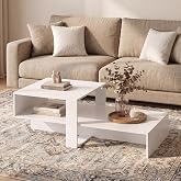 GIANTEX 2-Tier Coffee Table, Modern Irregular Center Table (White) | Open Storage Shelf, Low Profile Geometric Cocktail Table with Cross-shaped Base for Living Room