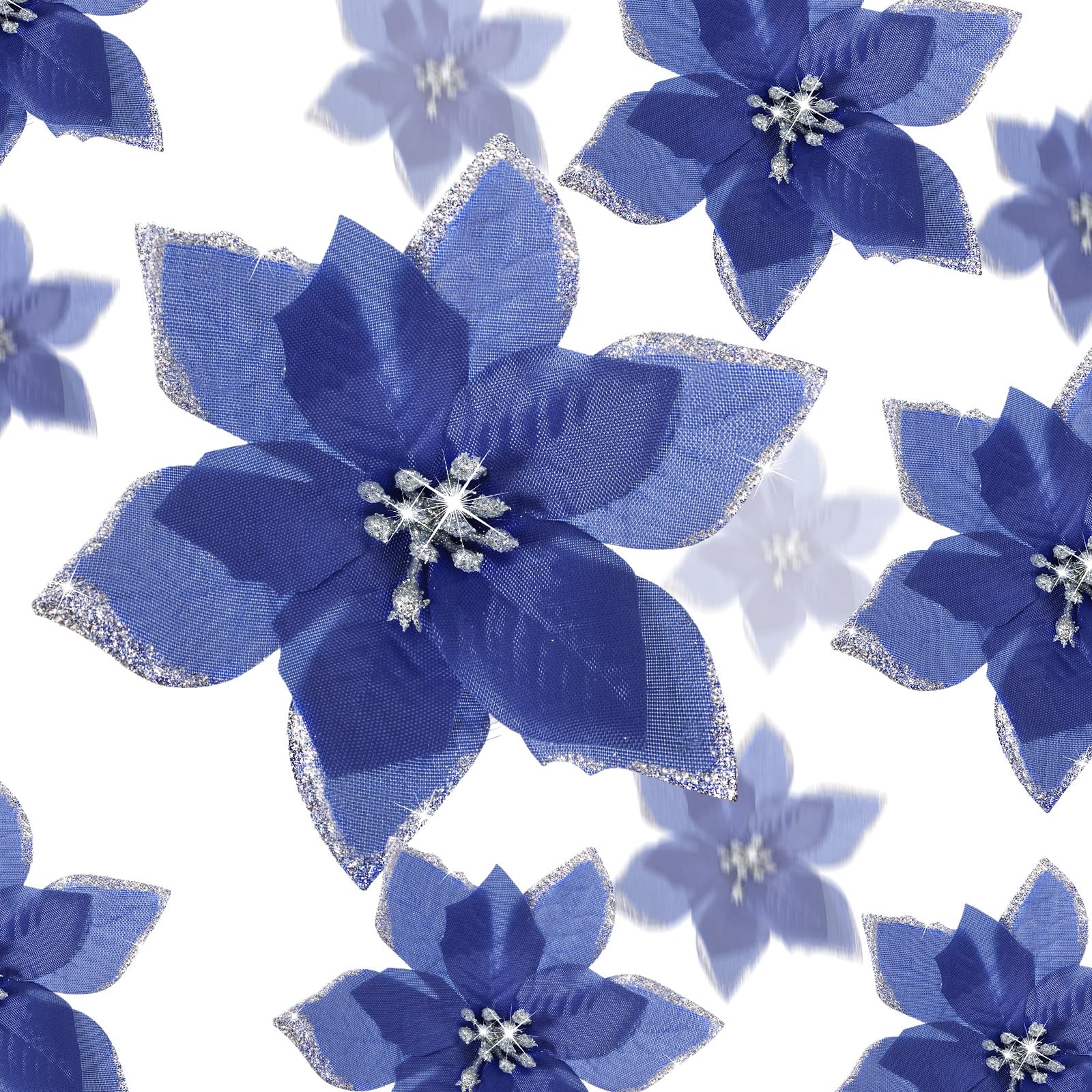 36 Pcs 3 Size Christmas Poinsettia Christmas Tree Flowers Glitter Faux Flowers Decoration Artificial Poinsettia Ornaments For Christmas New Year Home Outdoor Decoration (Navy Blue,3/ 4/ 6 Inch) — image 1