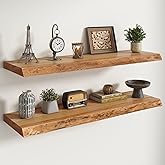 RICHFOCUS Live Edge Elm Floating Shelves - 40" W x 9.3" D Rustic Solid Wood Wall Shelves with Invisible Bracket, Wall-Mounted for Living Room, Bedroom, Kitchen Storage &amp; Display, Set of 2, Natural