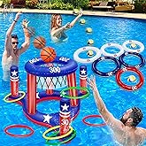 American Flag Pool Toys Games Set, Inflatable 2-in-1 Floating Basketball Hoop and Inflatable Ring Toss Pool Game with Score for Teens Adults Summer Water Pool Toys 4th of July Patriotic Party
