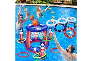 TURNMEON American Flag Pool Toys Games Set, Inflatable 2-in-1 Floating Basketball Hoop and Inflatable Ring Toss Pool Game with Score for Teens Adults Summer Water Pool Toys 4th of July Patriotic Party