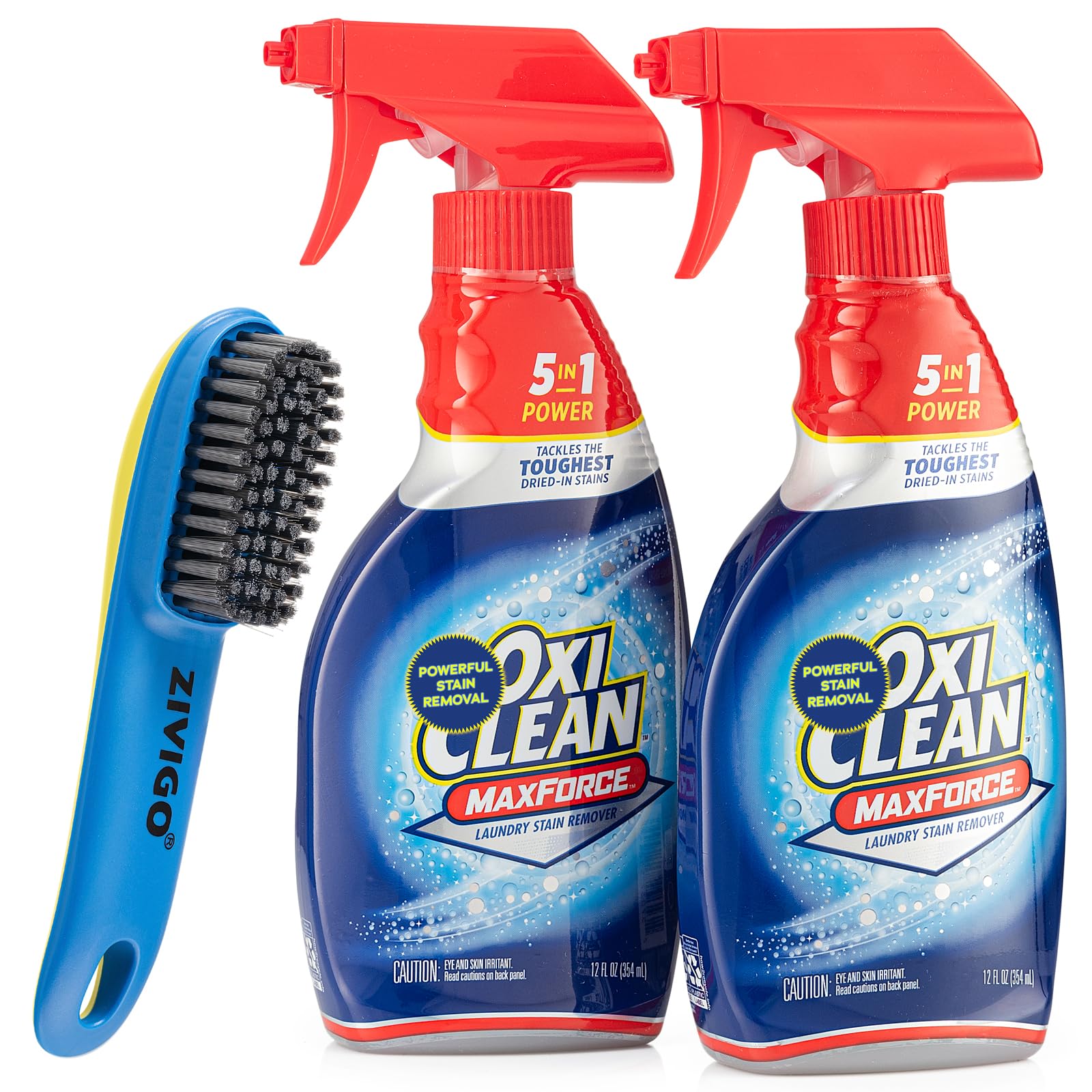 Oxi Max Force Spray, Laundry Stain Remover, 12 Ounce, (Pack of 2) with Zivigo-Laundry Stain BRUSH for Scrubbing Out Tough Stains,