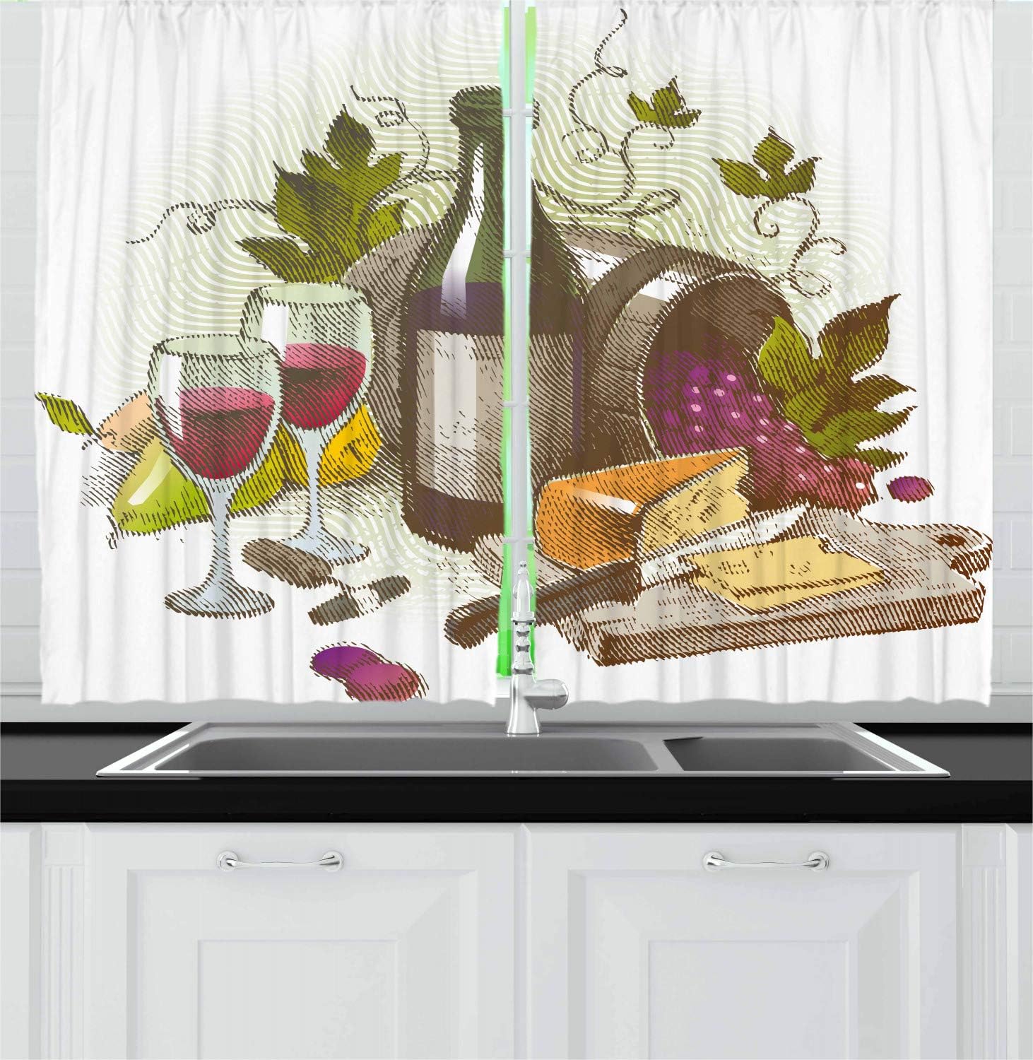 Ambesonne Wine Kitchen Curtains, Vintage Style Composition
