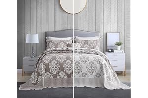 HZ & HY Oversized King Bedspread 128x120 Extra Wide, Jacquard Matelasse Damask Pattern Design, Lightweight, Reversible, 5 Piece, 100% Microfiber, Tan Brown