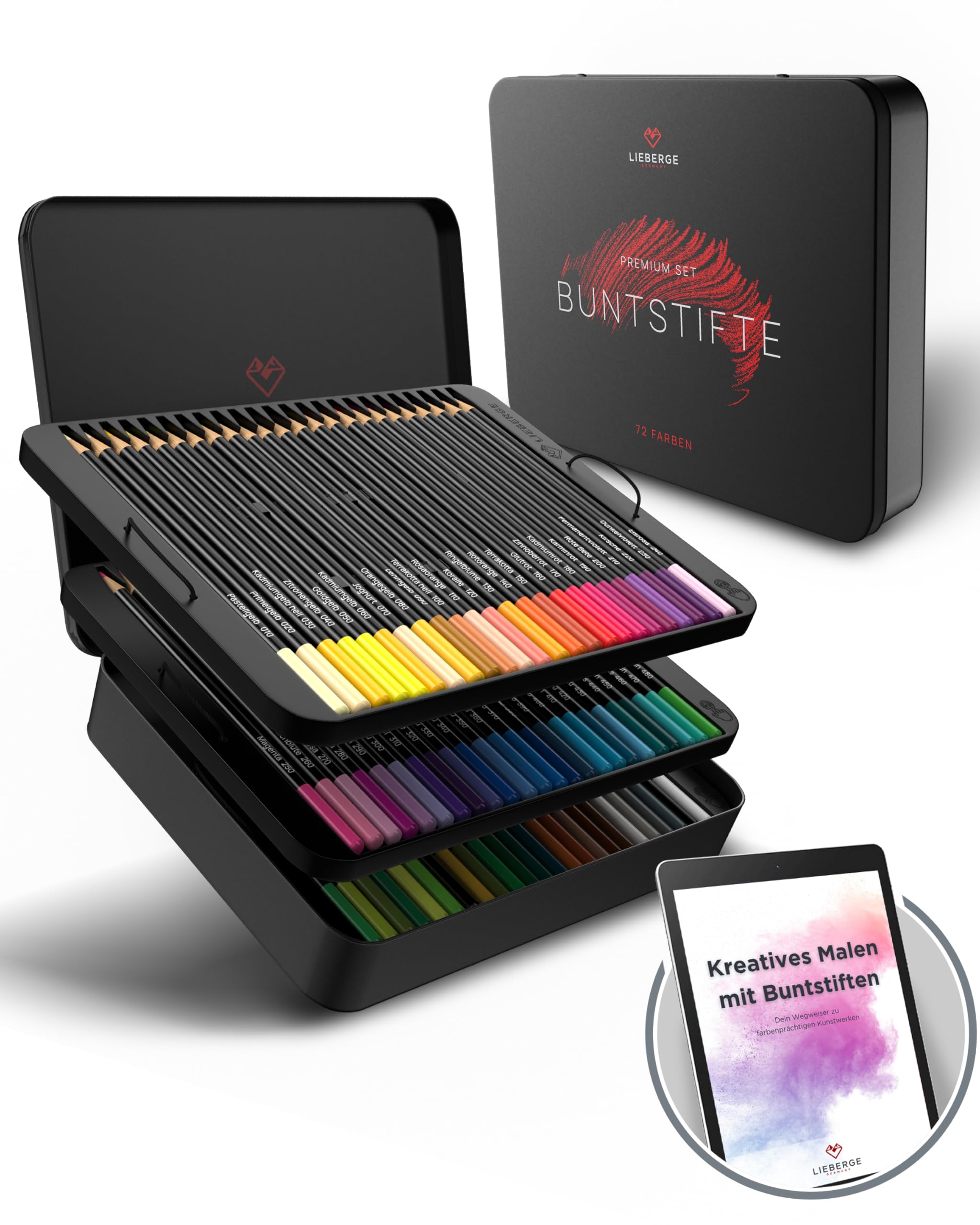 LIEBERGE Premium Buntstifte Set in Metallschatulle – 72 Farben – hochpigmentierte Colored Pencils – bruchsicher, weiche Farbabgabe | Malstifte für Erwachsene, Kinder und Künstler (Metallschatulle)