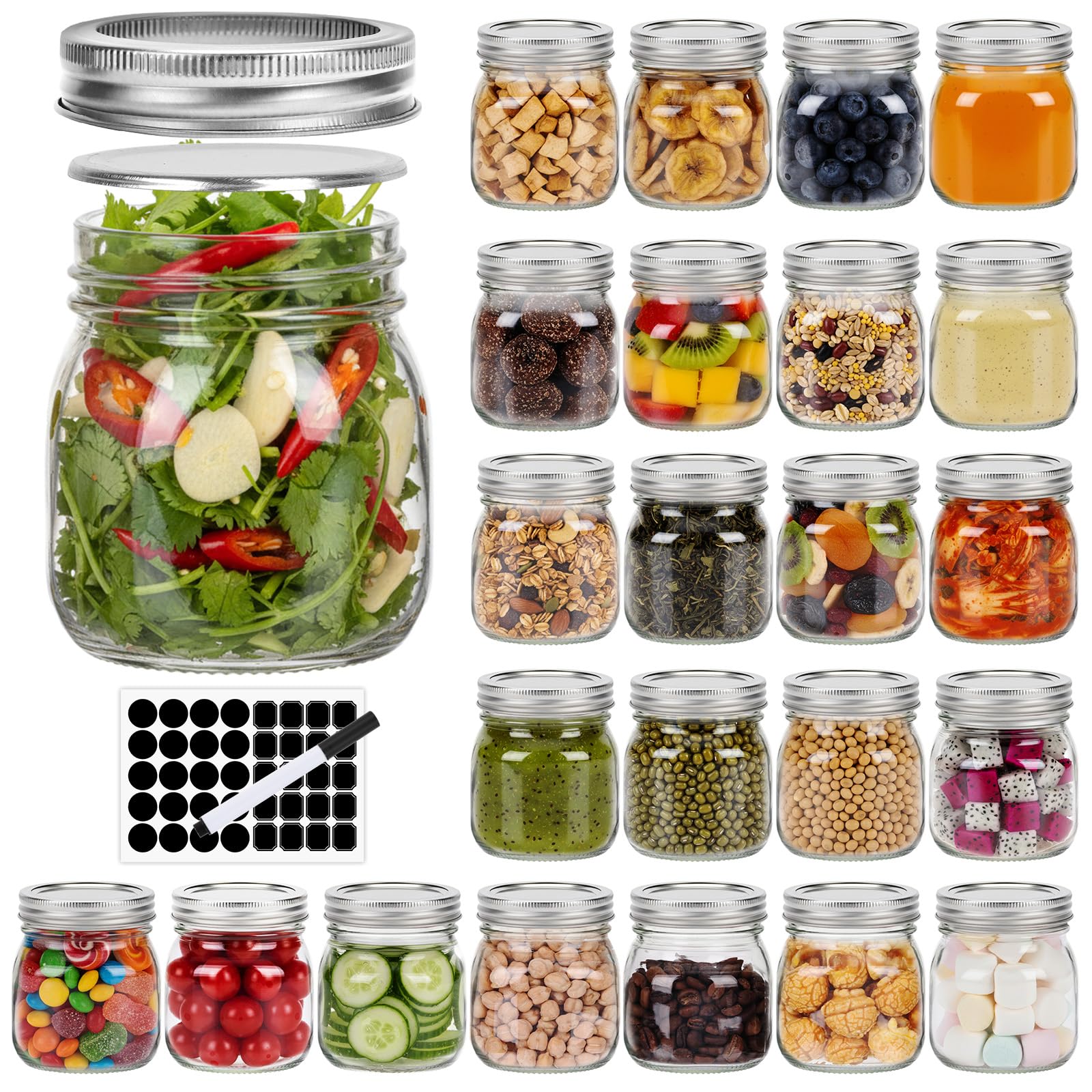 Photo 1 of 10 oz Glass Mason Jars, 24 Pack Clear Glass Jars with Regular Lids, Canning Jars for Honey, Yogurt, Wedding Favors, Food Storage, Vegetables, Includes 40 Black Labels