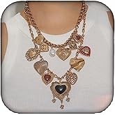 Doubnine Vintage Heart Charm Statement Necklace, Multi-Layer Gold Chain, Pearl and Gemstone Accents