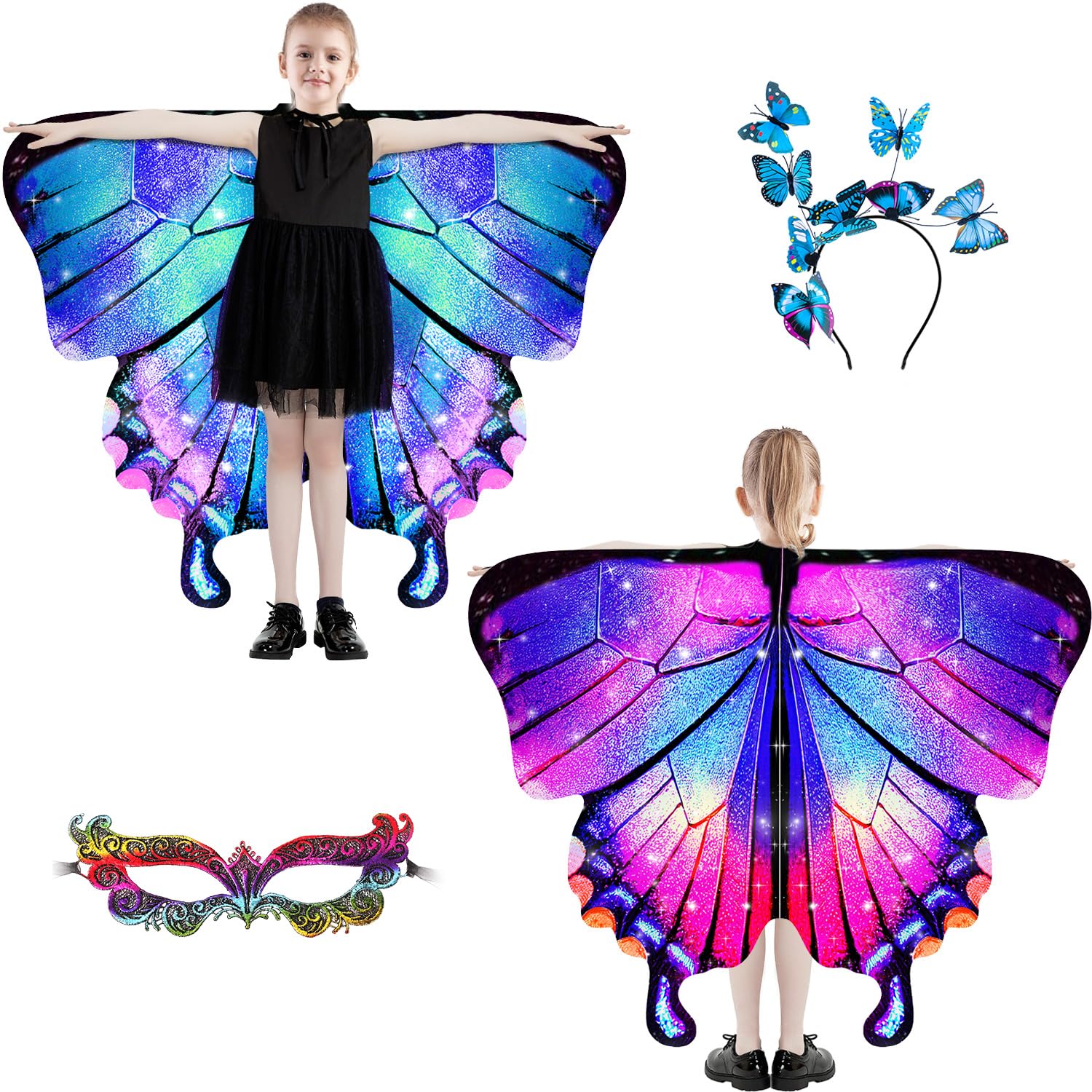 Plainshe Butterfly Wings for Girls, Double-Sided Fairy Wing, Kids Butterfly Costume for Halloween, 3PCS Cape Set (Double-Sided 9)