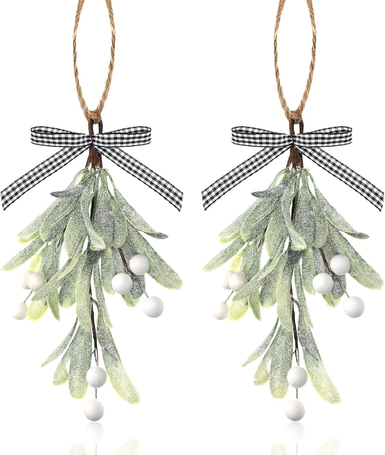 Ornaments - Artificial Mistletoe Pick Buffalo Plaid Bow White Berries Mistletoe Kissing Ball Christmas Mistletoe Hanging Ornament Christmas Tree Ornaments for Christmas Party Tree Decorations (2 Pieces) (2)