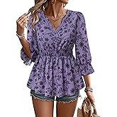 Unixseque 3/4 Length Sleeve Womens Tops Dressy Casual Lace V-Neck Peplum Babydoll Blouses 2025 Fashion Clothing