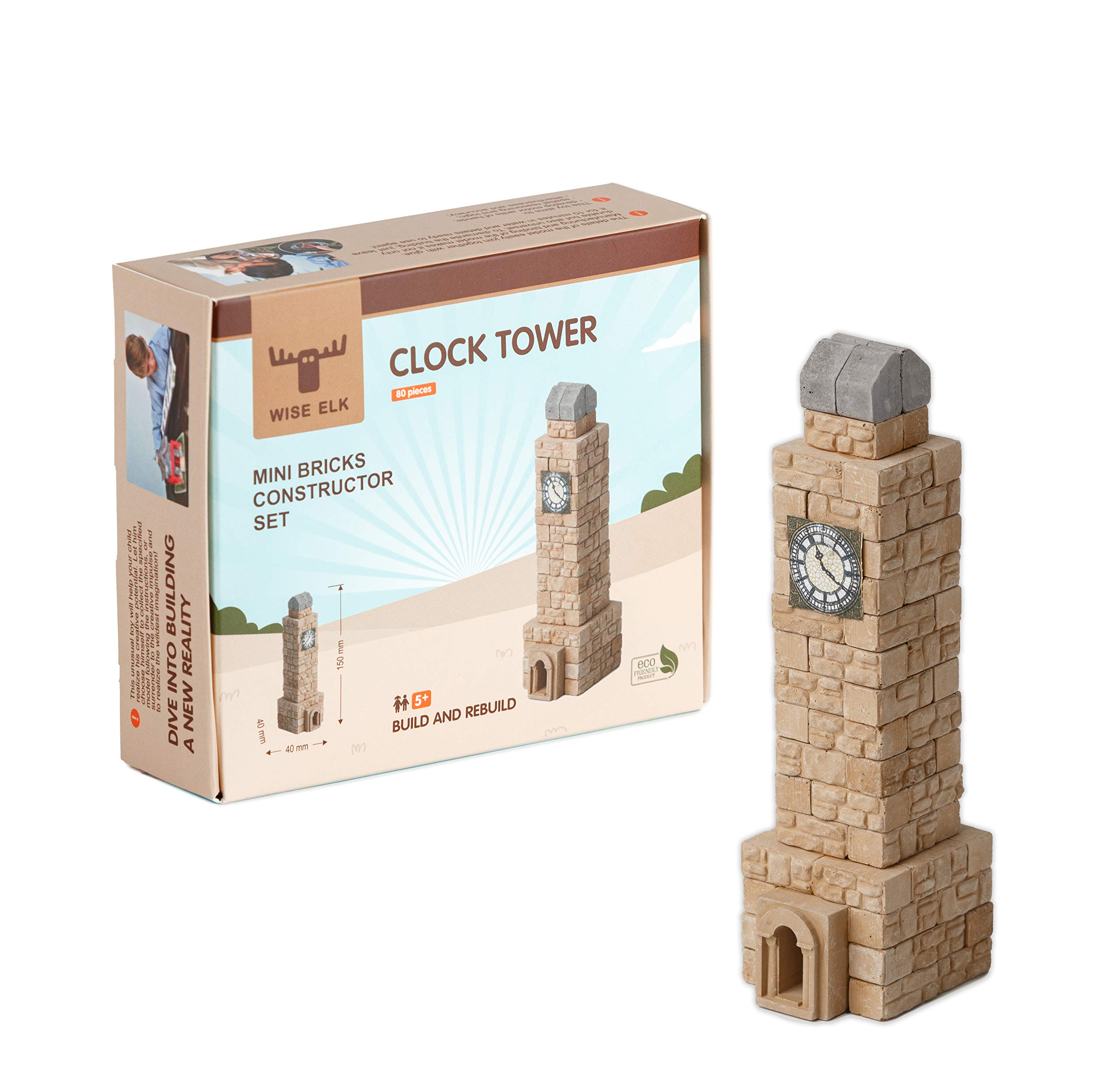 Wise Elk Clock Tower Construction Set, Real Ceramic Bricks, Gypsum Reusable Building Kit, 80 PCS, Educational Toy, Architecture ,Model Kit ,40x40x150mm Code 70712 …