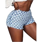 WDIRARA Women's Checkered Frayed Hem Mini Denim Shorts High Waisted Distressed Jean Shorts