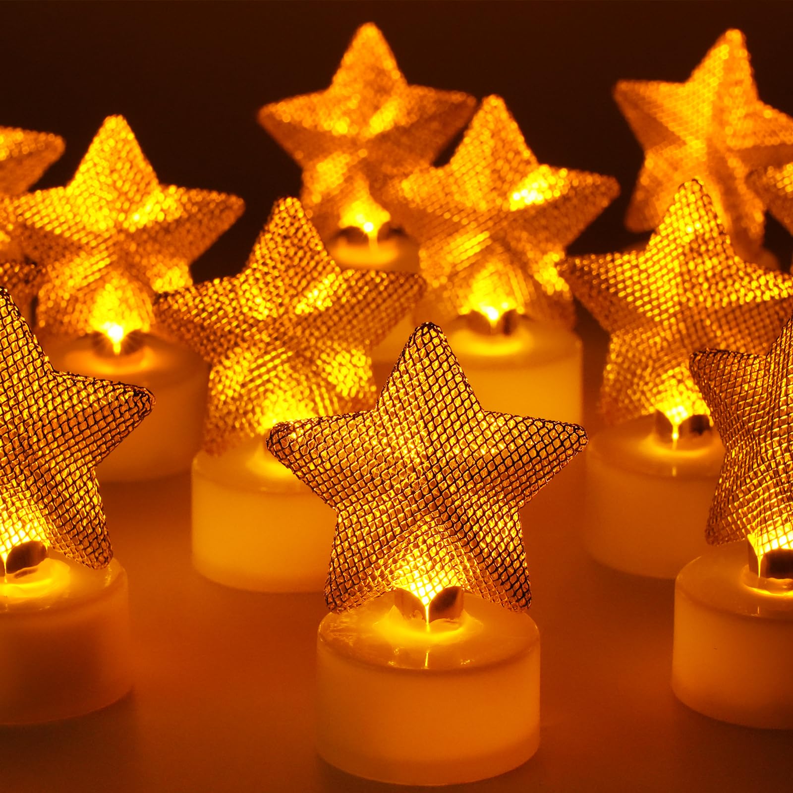 Photo 1 of 12PCS Star Tea Lights Candles(Ironwork), LED Flameless Candles Battery Operated for Holiday Gifts, Led MINI Electric Faker Votive Tealight Candles for Desk, Birthday Decorations (Star, 12)
