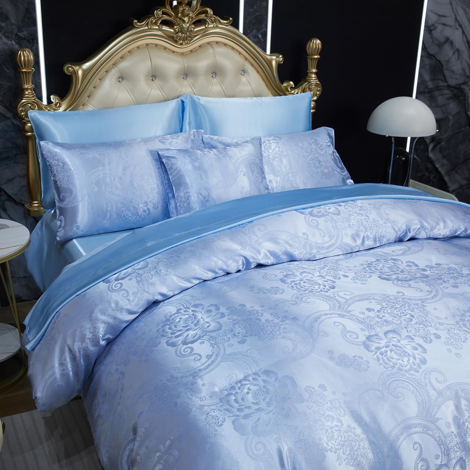 Photo 1 of Elegant Jacquard Full Comforter Set Satin Sheet Set Blue Bedding Set 8 Pcs Embroidery Neoclassical Floral Bed Home Decor Soft Down Comforter Luxury Hotel Silky Bed in a Bag with 1 Cushion Cover