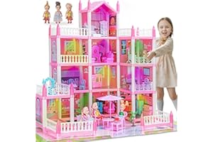 LUYE 4 Stories Dollhouse for Girls, DIY Doll House Accessories Playhouse with Furniture and 11 Rooms, Pretend Play Dreamhouse with Lights for Kids, Portable Building Dolls Playset Toys Kit Gift for Ages 6+