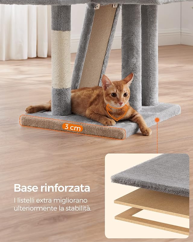 Albero per Gatti, Tiragraffi Piccolo da 135 cm, Condominio per Gatti in Peluche a più Livelli con Copertura per Trespolo Rimovibile Lavabile, Graffiatoio, Cesto, Grotta, Grigio Chiaro