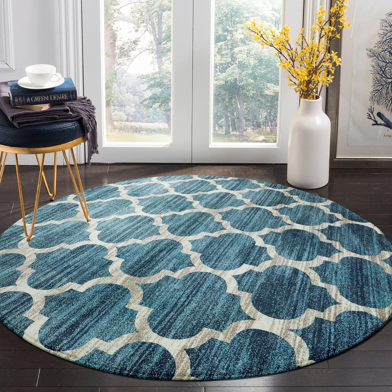 Rugs, Pads & Protectors - Lahome Moroccan Round Area Rug - 6' Diameter Faux Wool Non-Slip Area Rug Small Accent Distressed Throw Rugs Floor Carpet for Door Mat Entryway Bedrooms Laundry Room Decor (Round -6' Diameter, Blue)