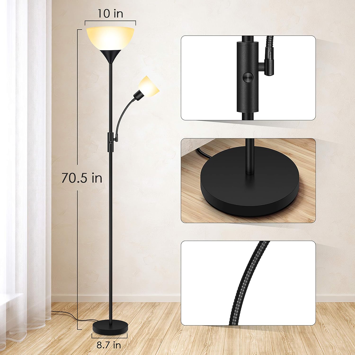 Floor Lamp - Standing Lamp, 9W LED Torchiere Floor Lamp + 4W Adjustable Reading Lamp, 3000K Energy-Saving LED Bulbs, 3-Way Switch, >50,000hrs Lifespan, Floor Lamps for Bedroom, Living Room, Office: Home Improvement