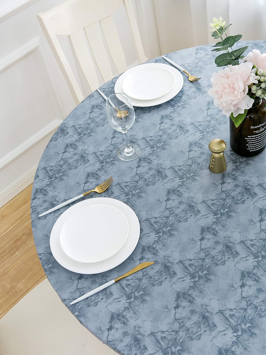 Rally Home Goods Indoor Outdoor Patio Round Fitted Vinyl Tablecloth, Flannel Backing, Elastic Edge, Waterproof Wipeable Plastic Cover, Light Gray Marble Pattern for 6-Seat Table of 43-56’’ Diameter: Home & Kitchen