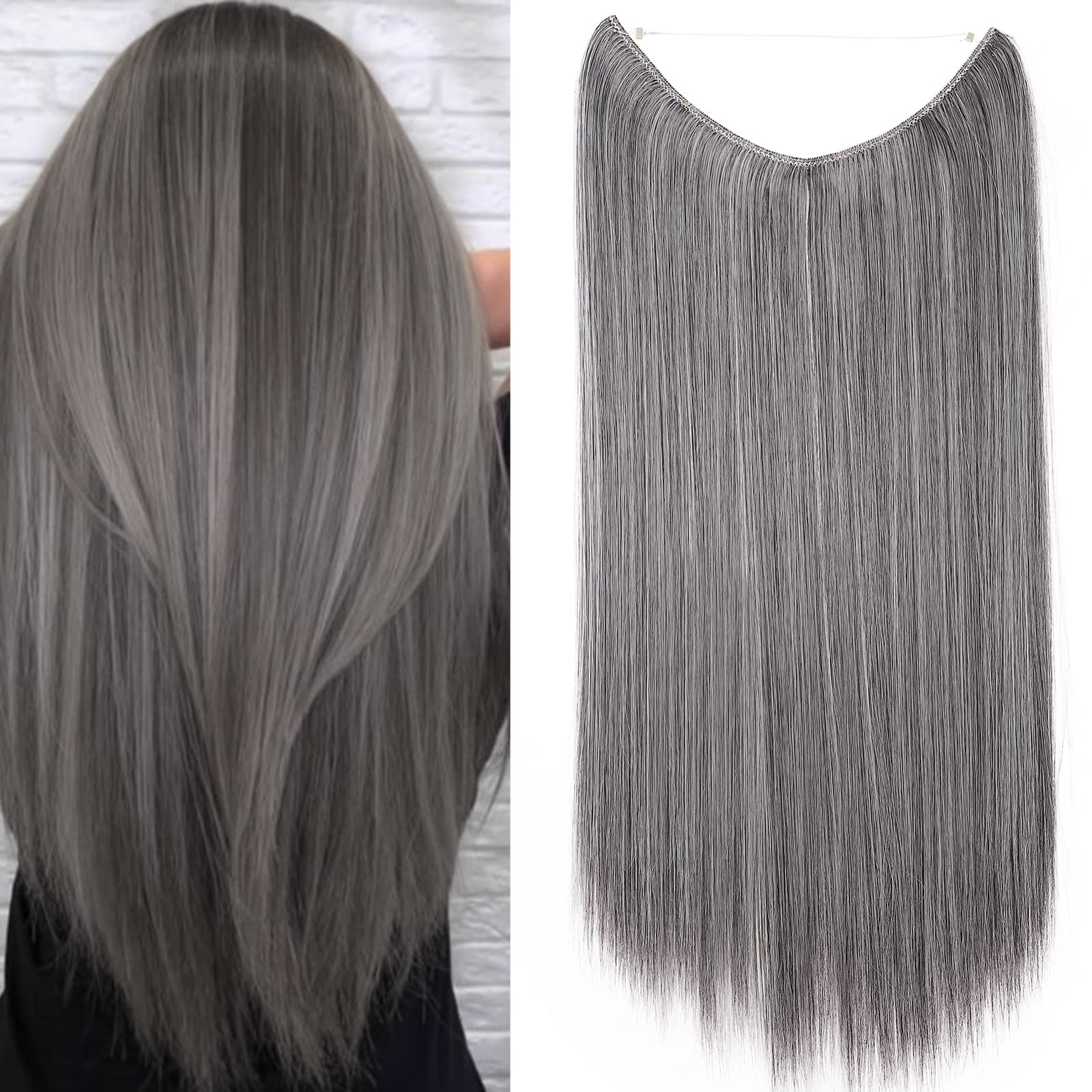 20 Inches Straight Hair Extensions Secret Headband No Clip Easy Invisible Crown Wire in Hair Extensions Hairpiece for Women Dark brown mix silver grey