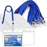 30Pcs Clear Plastic Horizontal Name Tags Badge ID Card Holders and 30Pcs Blue Flat Neck Lanyards with Swivel Hook