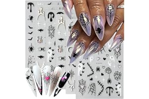 BYJKYEN Spider Ghost Bat Nail Stickers for Nail Art 8 Sheets Halloween Nail Art Stickers Self-Adhesive Holiday Bat Ghost Spider Spider Web Pattern Design Nail Decals for Women DIY Manicure Tips Nail Charms