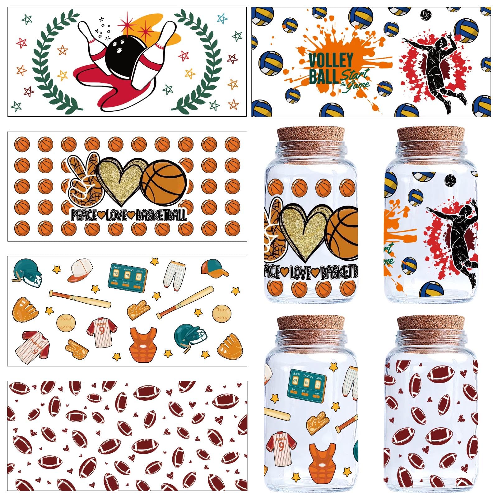 CREATCABIN 5 Sheets Sports Stickers for Glass Cups - Rub On Transfers Decal UV DTF Cup Wrap PVC Waterproof Rugby Baseball Basketball Stickers Decals for DIY Crafts 9.44x4.33Inch