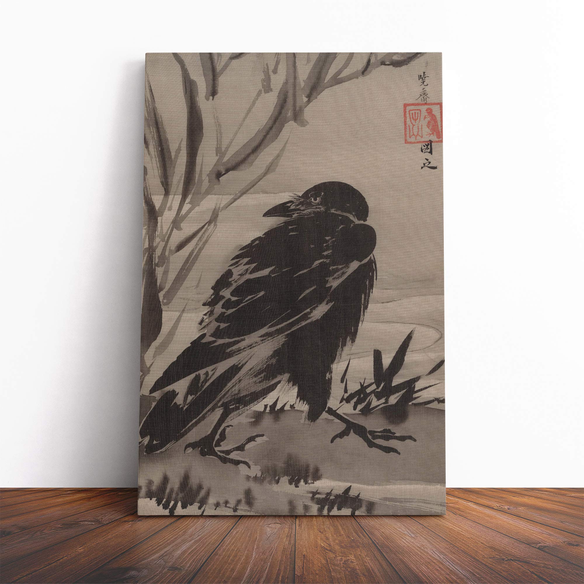Kawanabe Kyosai Oriental Crow Canvas Print | Gallery Wrapped 30mm Frame Wall Art | 20x14 inches | Ready to Hang | Modern Picture | Living Room Bedroom Lounge Office
