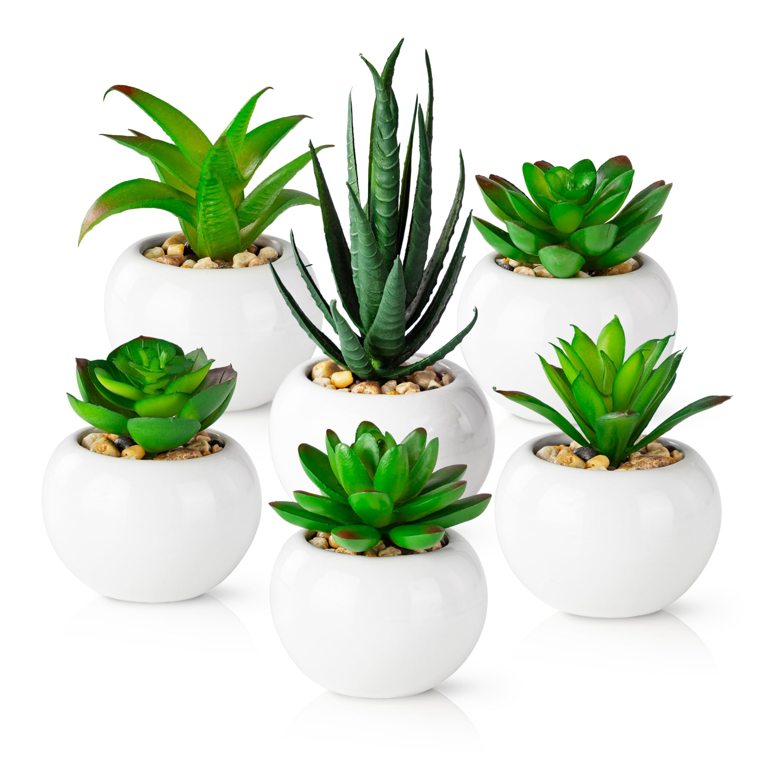 PASCH® Set of 6 Artificial Succulents in White Ceramic Pots: Decorative Plants for Living Room, Bathroom, Office - Small Artificial Plants Like Real