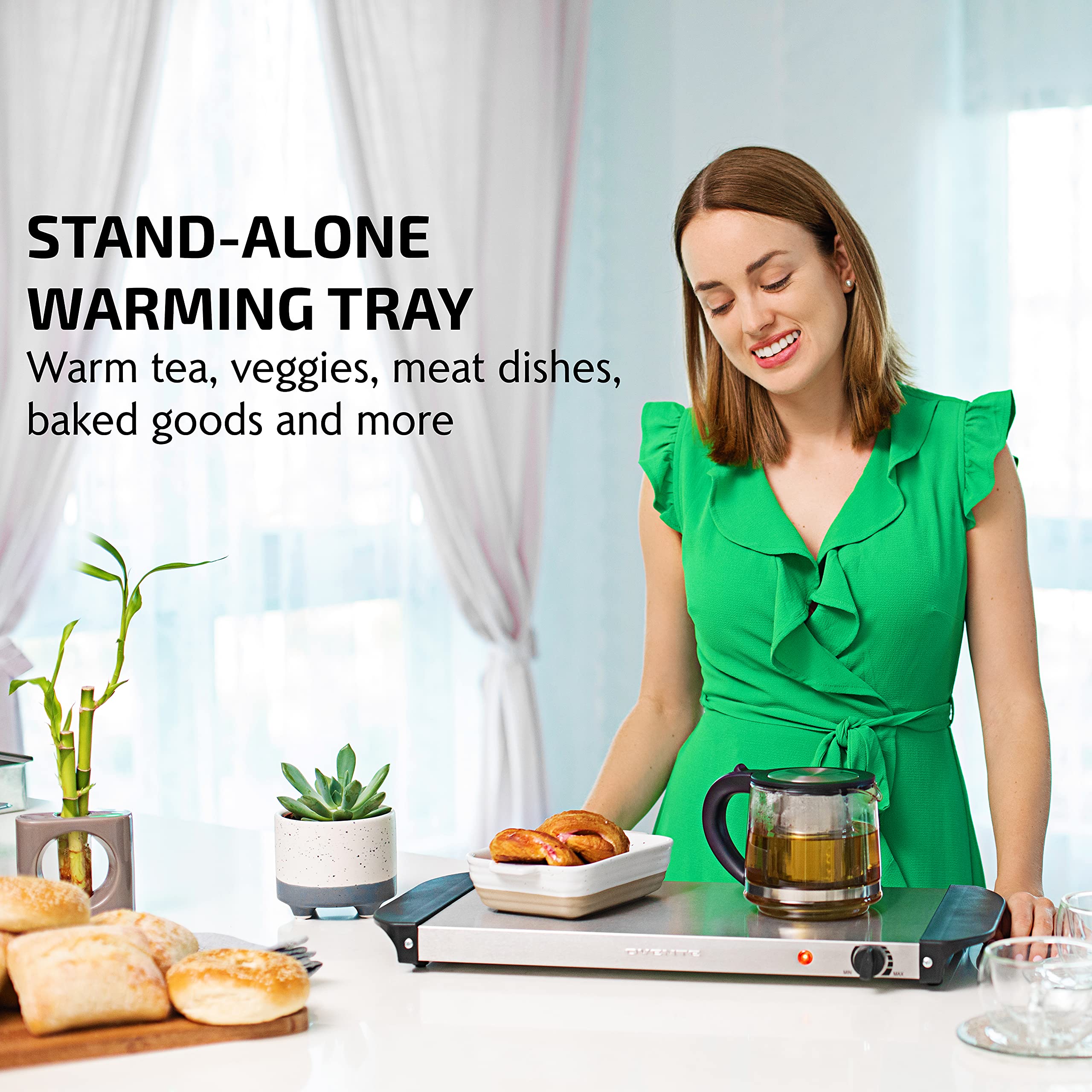 OVENTE Electric Warming Tray with Adjustable Temperature Control, Compact Food Warmer & Server for Buffets, Parties, Events, and Dinners, Cool-Touch Handles, Stainless Steel, Silver FW170S