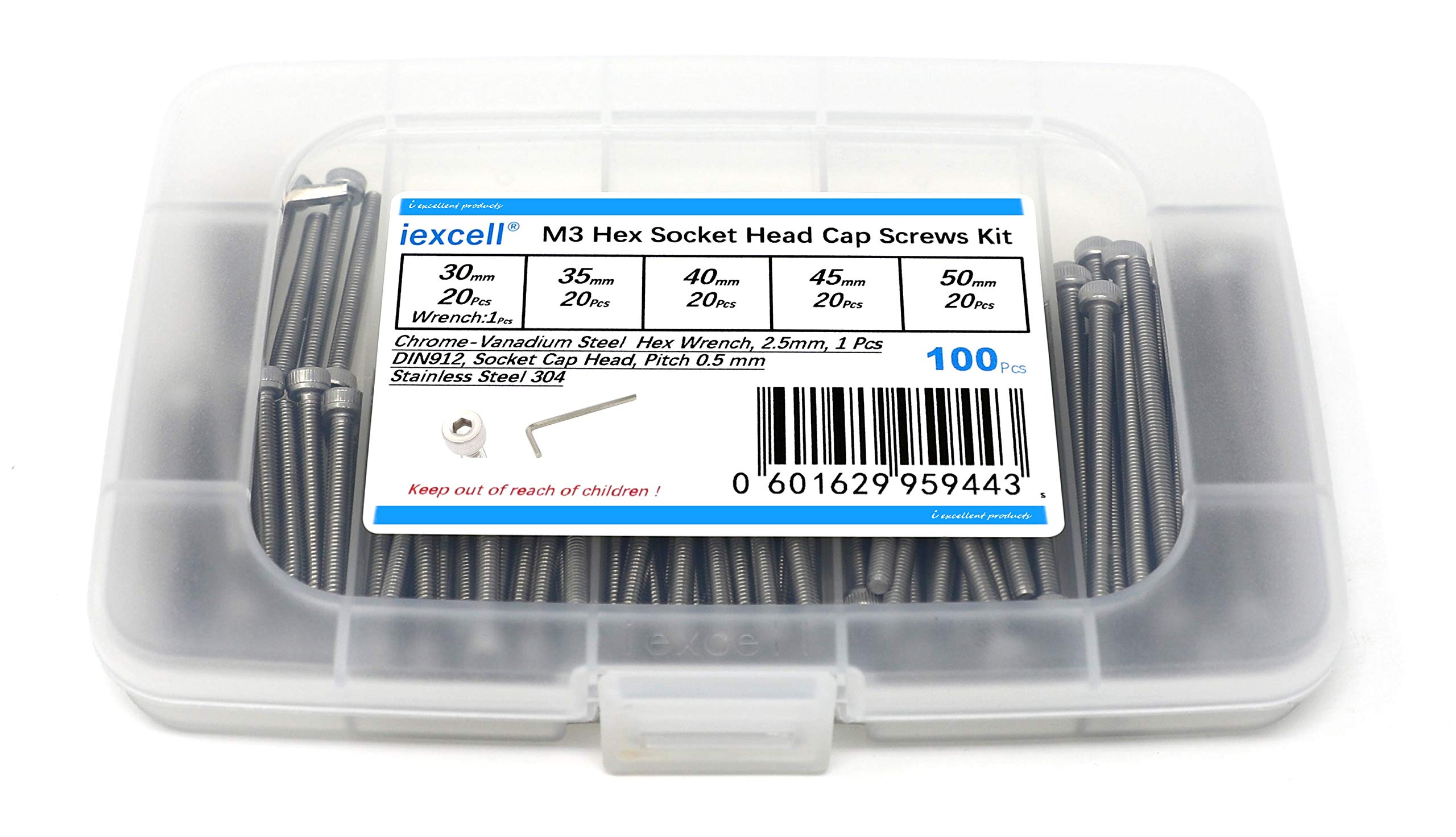 iexcell 100 Pcs M3 x 30/35/40/45/50 Stainless Steel 304 Hex Socket Head Cap Screws Bolts Assortment Kit