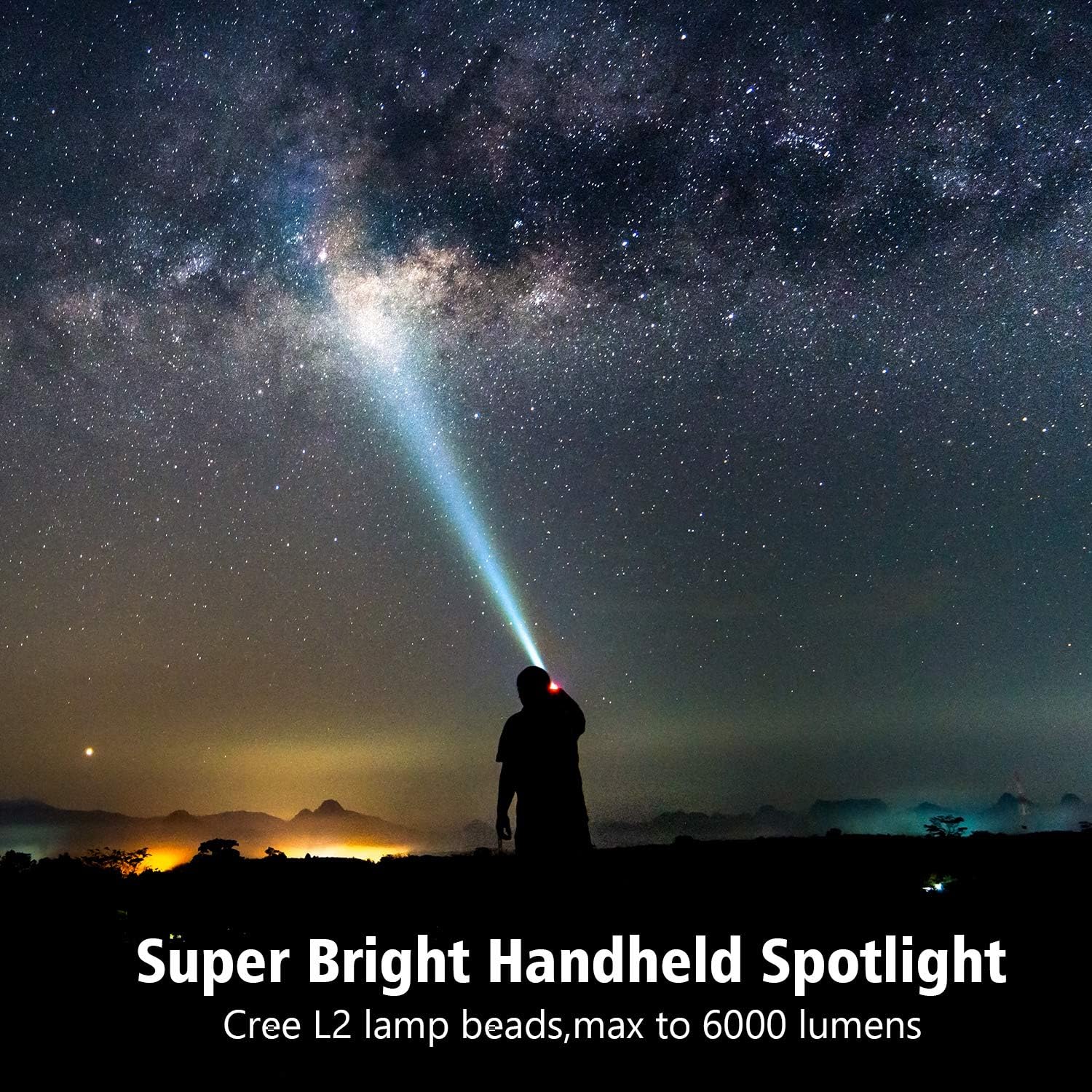 Spotlight Super Bright LED Handheld Flashlight 6000 Lumen Super Bright Waterproof 6 Lighting Modes Side Searchlight 9600MAh Large Battery Rechargeable Spot Light with Foldable Tripod - - 