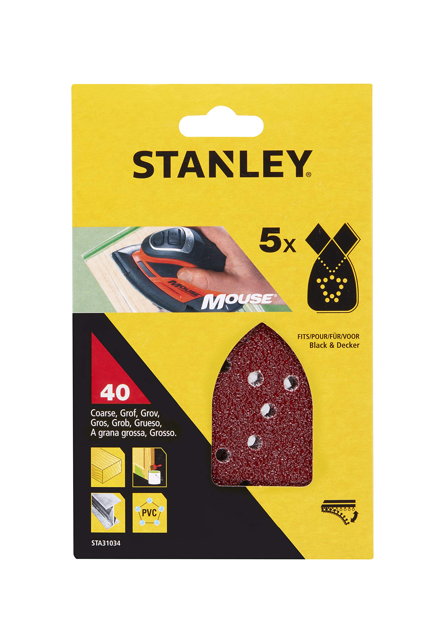 STANLEY STA31034-XJ Quick Fit Sanding Sheets for Black+Decker Mouse, 40G, Pack of 5