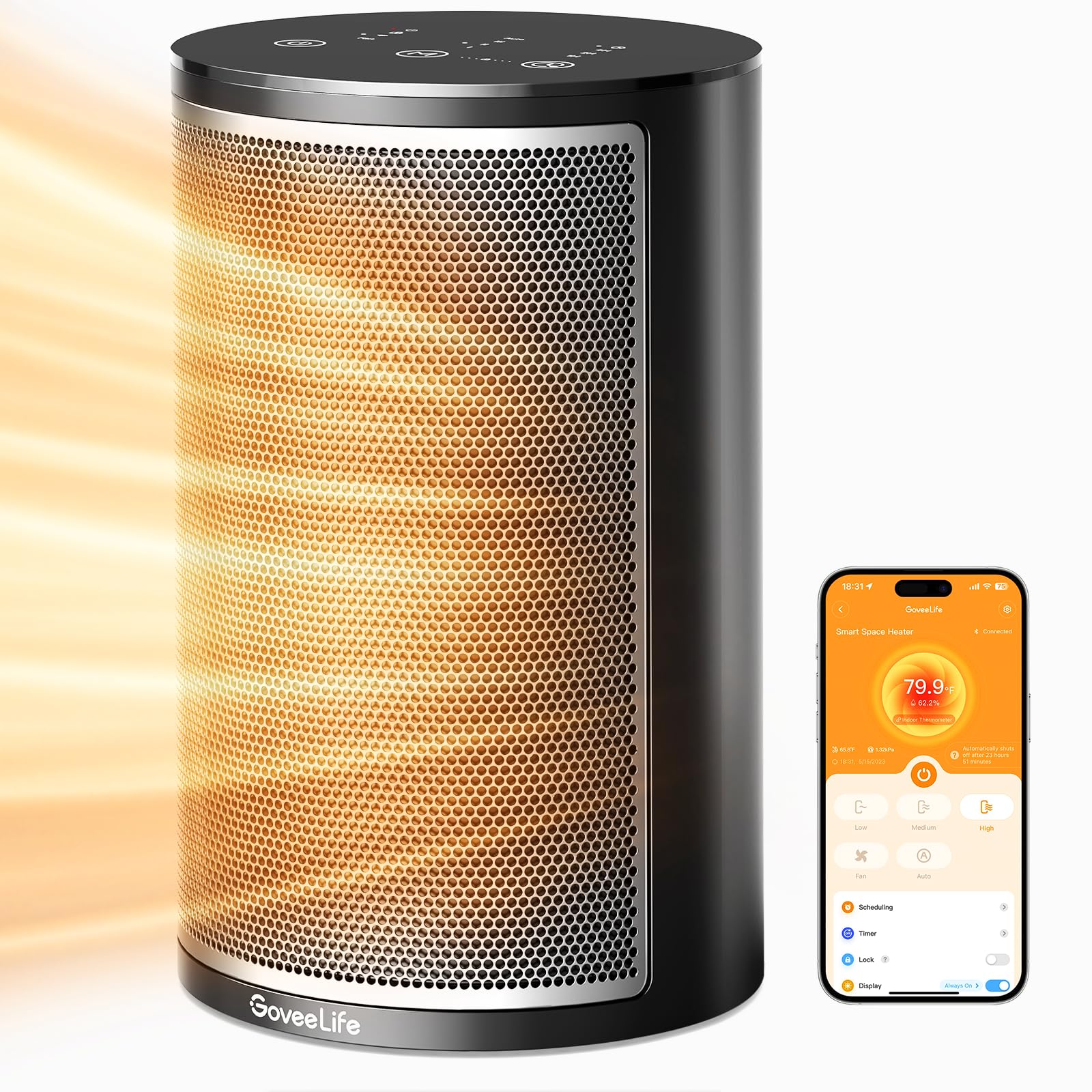 GoveeLife Fan Heater, Energy Saving, Intelligent Ceramic Electric Heater, Room Heater with App with Thermostat, 24 Hour Timer, 1500 W Electric Heater for Rooms, Bedroom, Bathroom, Office