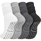 4 Pairs Grip Pilates Socks for Women Yoga Scrunch Slouch Non Slip Long Socks with Grippy Pilates Barre Workout Slipper 5-9