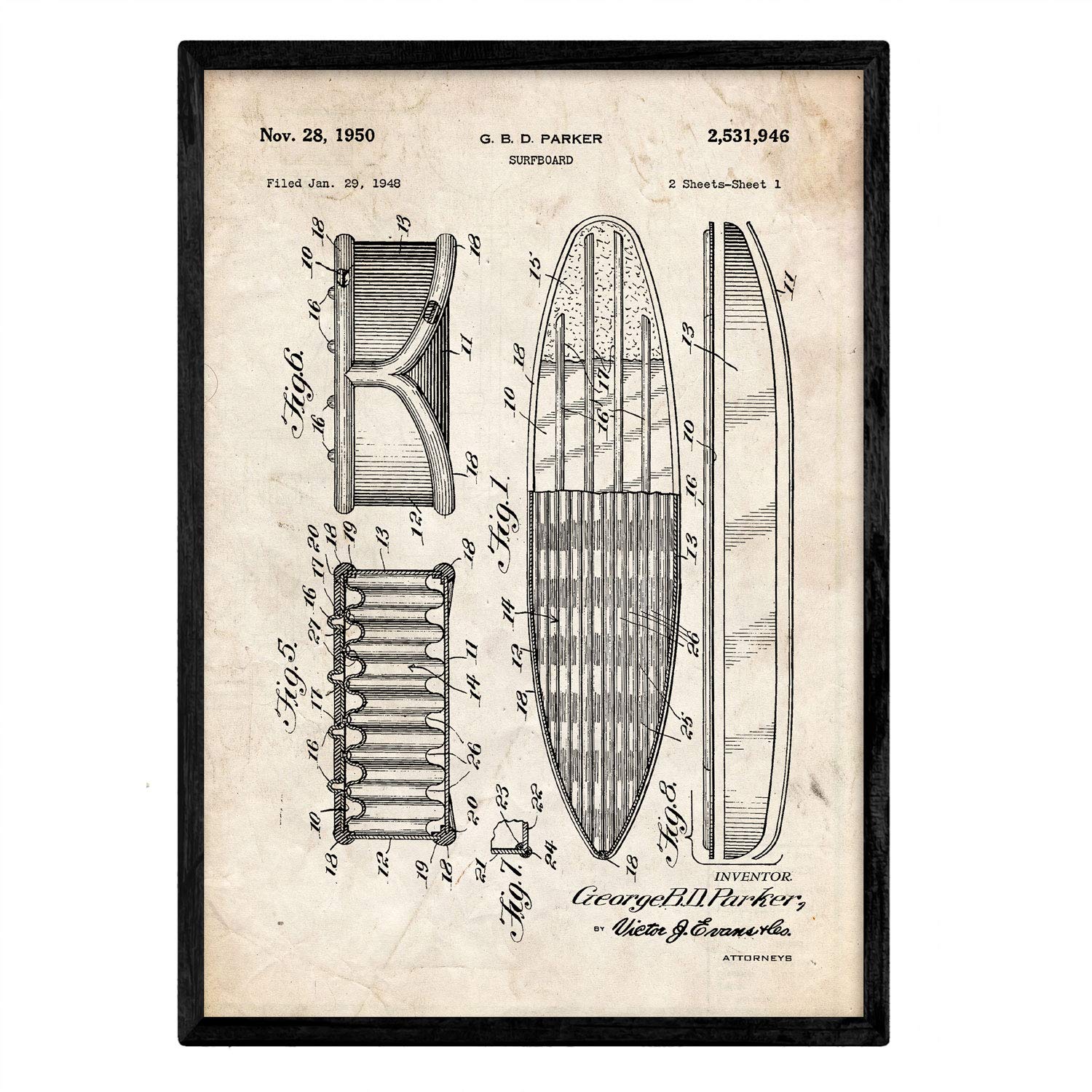 Nacnic Poster patent surfboard 2. Foil with old design patent in A3 size and vintage background