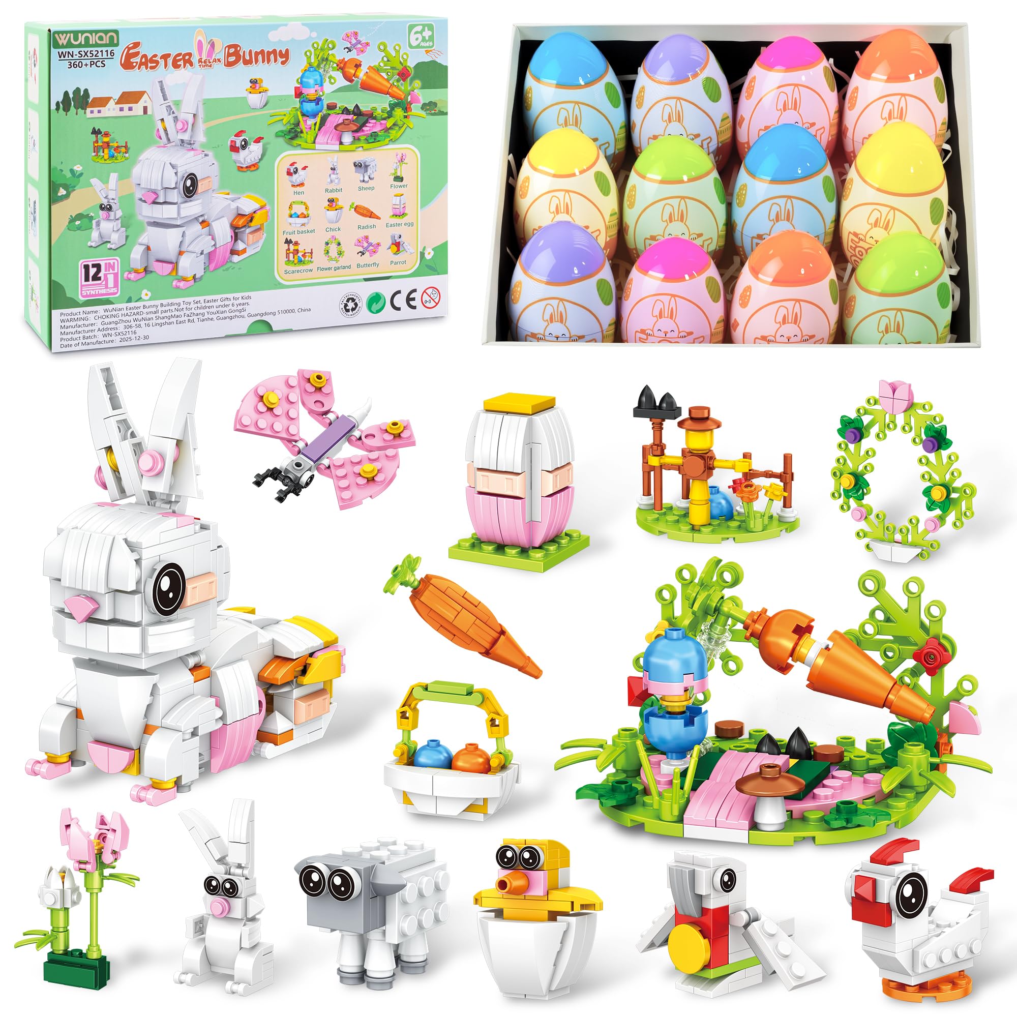 Prefilled Easter Eggs with 12 Packs Bunny Building Blocks Sets – 12 in 2 Easter Basket Stuffers Building Toys, Includes Rabbit, Butterfly, Carrot, Flower, Party Favors Gifts for Kids Boys Girls 6+