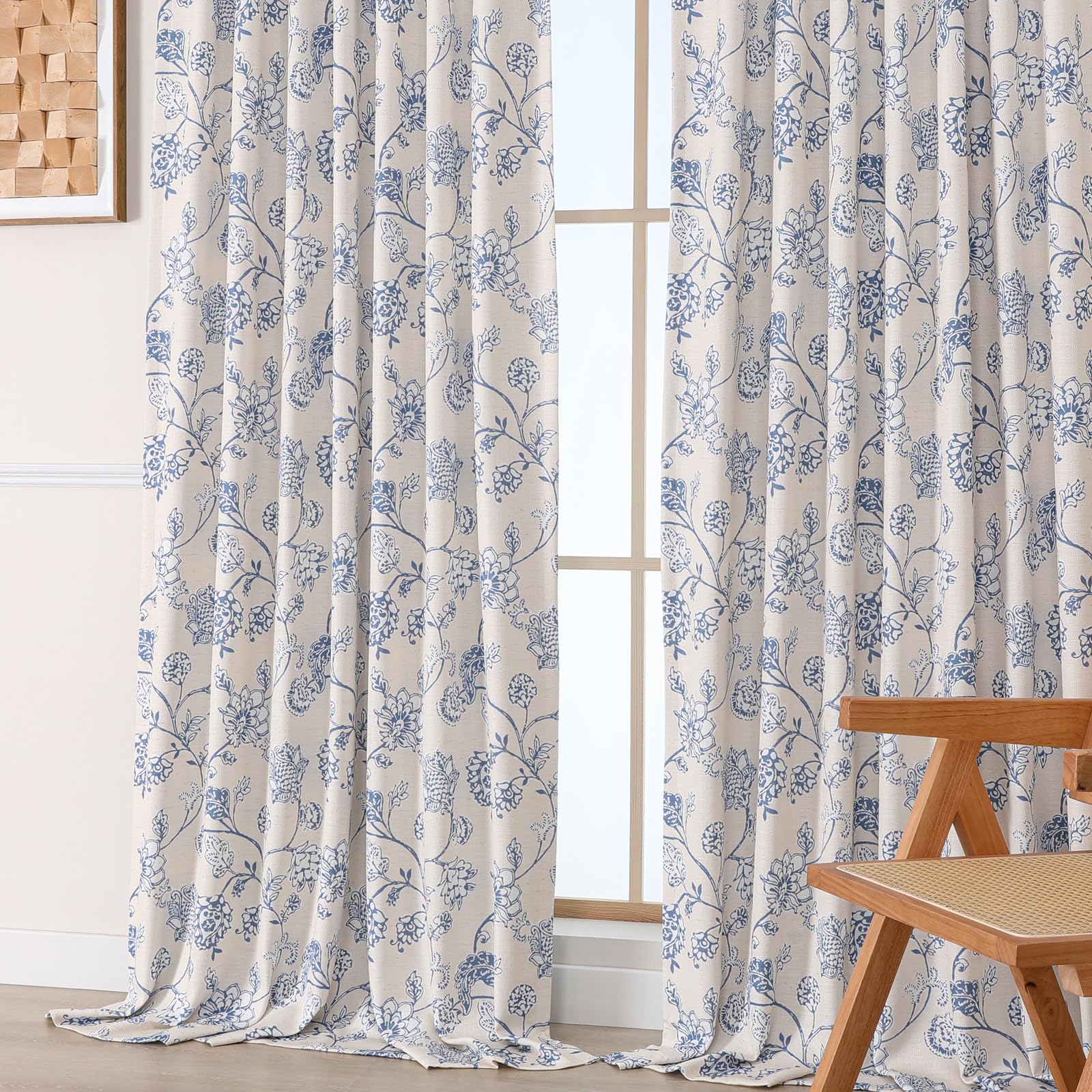 Photo 1 of OVZME Extra Long Blackout Curtains 108 Inch Length 2 Panels, Full Light Blocking Window Drapes with Liner, Blue Floral Printed Linen Textured Curtains for Patio Sliding Door, 52Wx108L Inches
