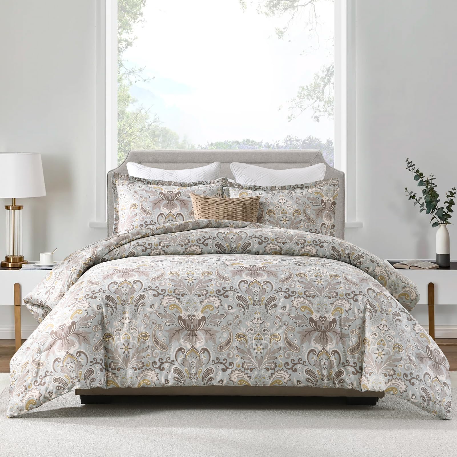 Photo 1 of Finlonte Damask Queen Comforter Set, 100% Cotton Comforter, Paisley Floral Comforter Bedding Set, Luxury Ethnic Queen Size Comforter, Fluffy Lightweight Soft Quilted Comforter All Season, Taupe