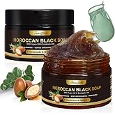 2 PCS Moroccan Black Soap Hammam, Morocco Beldi Soap with Exfoliating Glove | Gentle Dead Skin Remover Body Cleanser, Argan Oil &amp; Eucalyptus &ndash; Deep Cleansing, Softens Skin